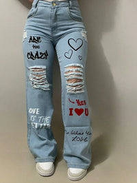 Calça Wide Leg Jeans Feminina Com Rasgos e letras
