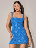 SHEIN BAE Vestido Camisole Jacquard Floral, Vestido Quadrado de Cor Sólida com Decote Quadrado e Pregas, Vestido Sem Costas Rosa com Manga Bufante Sem Alças, Vestido de Estilo Palaciano para Férias de Verão, Elegante, Roupas de Praia para Mulher / Vestido