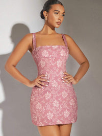 SHEIN BAE Vestido Camisole Jacquard Floral, Vestido Quadrado de Cor Sólida com Decote Quadrado e Pregas, Vestido Sem Costas Rosa com Manga Bufante Sem Alças, Vestido de Estilo Palaciano para Férias de Verão, Elegante, Roupas de Praia para Mulher / Vestido