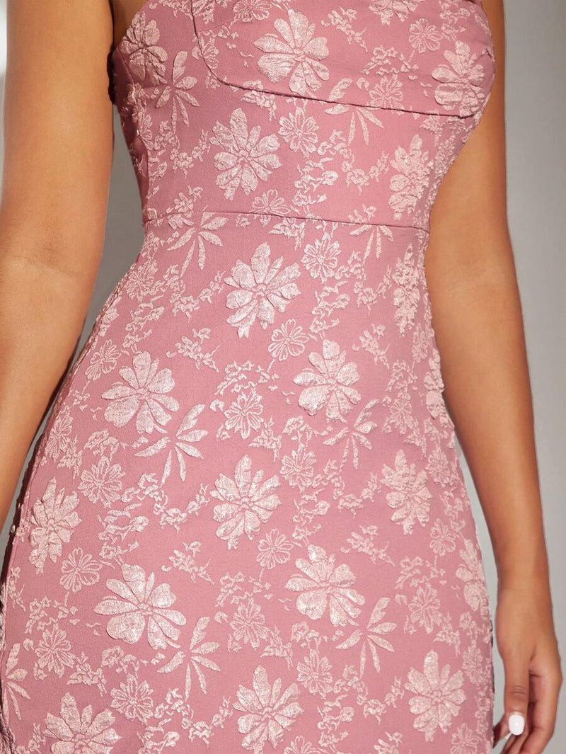 SHEIN BAE Vestido Camisole Jacquard Floral, Vestido Quadrado de Cor Sólida com Decote Quadrado e Pregas, Vestido Sem Costas Rosa com Manga Bufante Sem Alças, Vestido de Estilo Palaciano para Férias de Verão, Elegante, Roupas de Praia para Mulher / Vestido