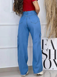 Calça Jeans Feminina Cargo Lavagem Média Tecido Algodão Premium