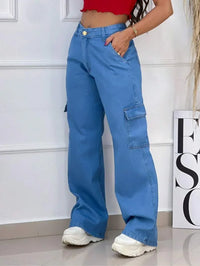 Calça Jeans Feminina Cargo Lavagem Média Tecido Algodão Premium