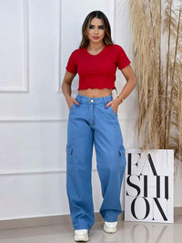 Calça Jeans Feminina Cargo Lavagem Média Tecido Algodão Premium