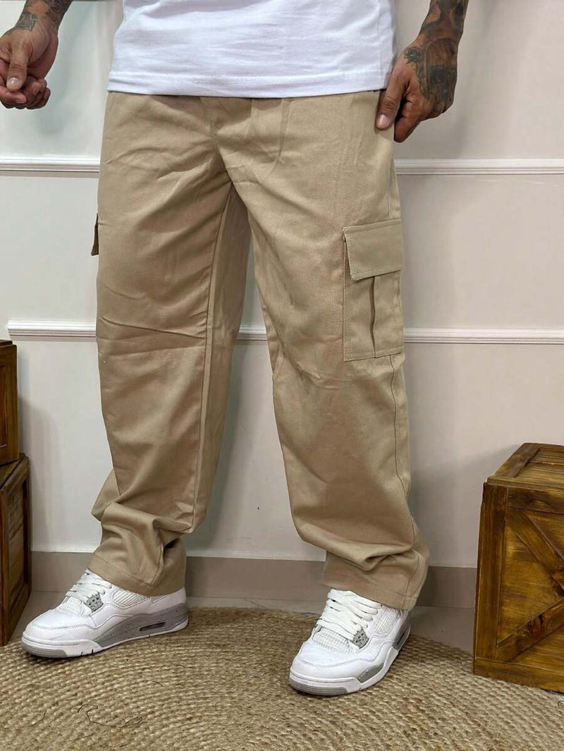 Calça Masculina Cargo Denim Escura Cos Elástico Cordão Skatista Militar Trilha