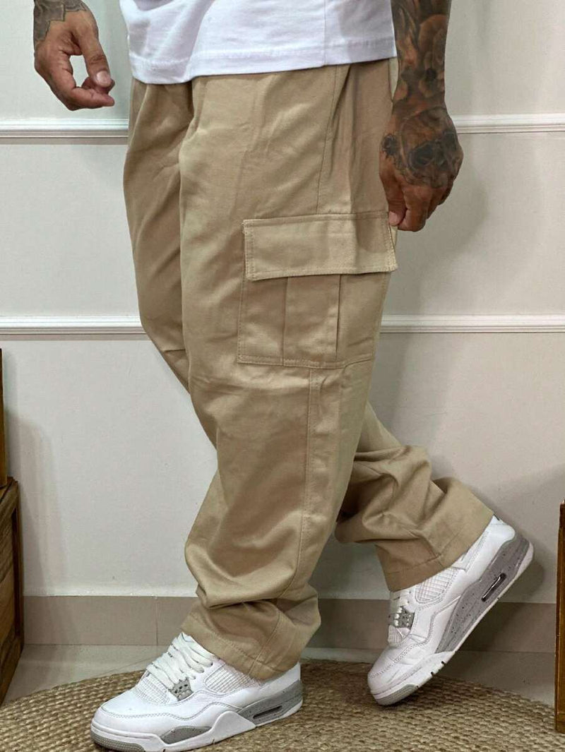 Calça Masculina Cargo Denim Escura Cos Elástico Cordão Skatista Militar Trilha