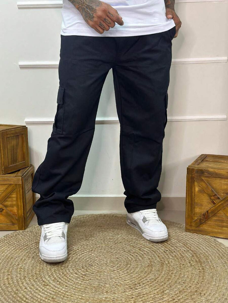 Calça Masculina Cargo Denim Escura Cos Elástico Cordão Skatista Militar Trilha