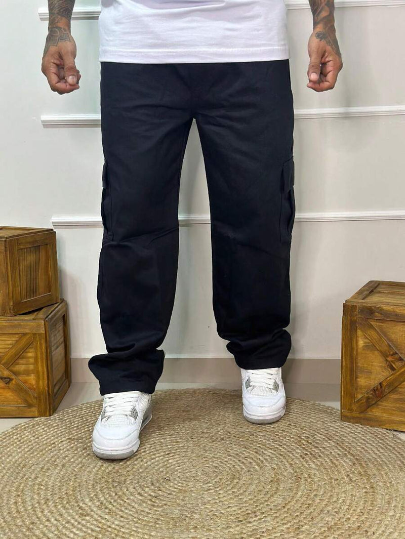 Calça Masculina Cargo Denim Escura Cos Elástico Cordão Skatista Militar Trilha