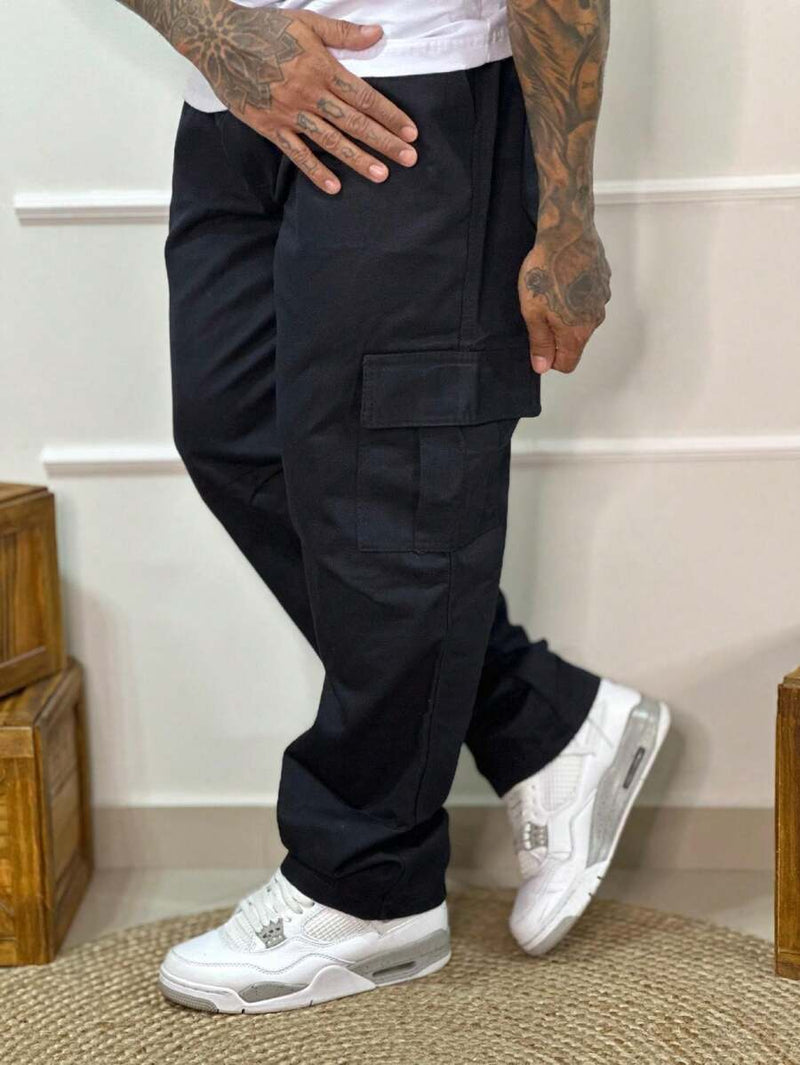 Calça Masculina Cargo Denim Escura Cos Elástico Cordão Skatista Militar Trilha