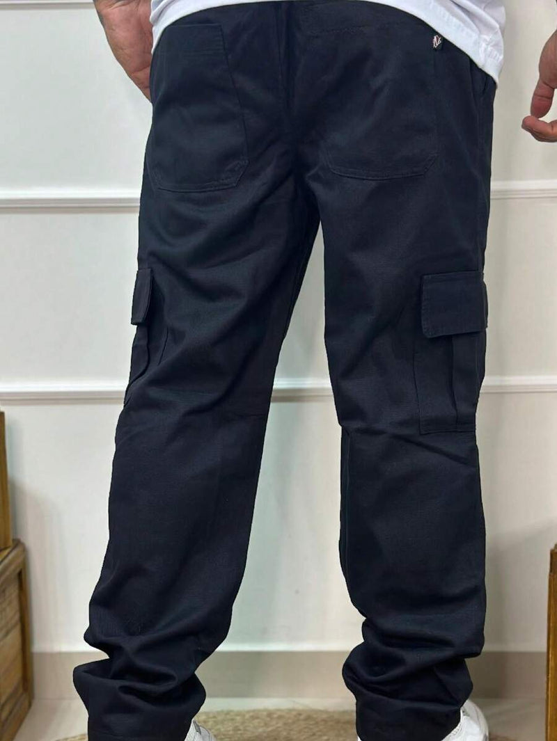 Calça Masculina Cargo Denim Escura Cos Elástico Cordão Skatista Militar Trilha