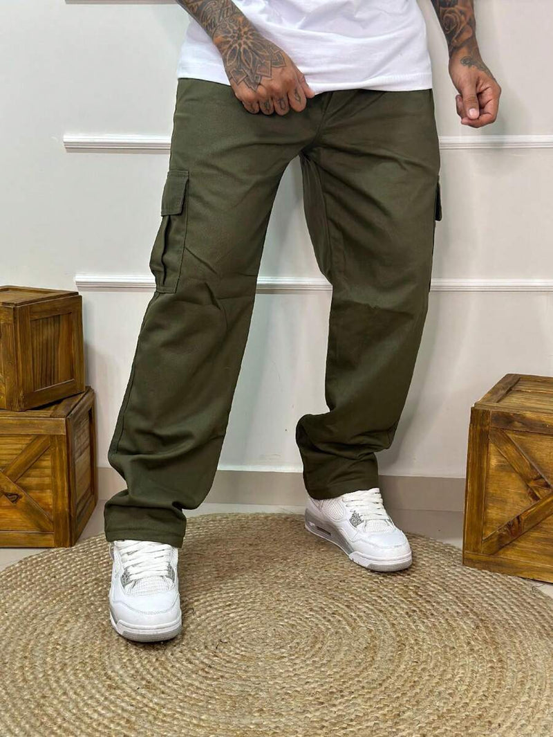Calça Masculina Cargo Denim Escura Cos Elástico Cordão Skatista Militar Trilha
