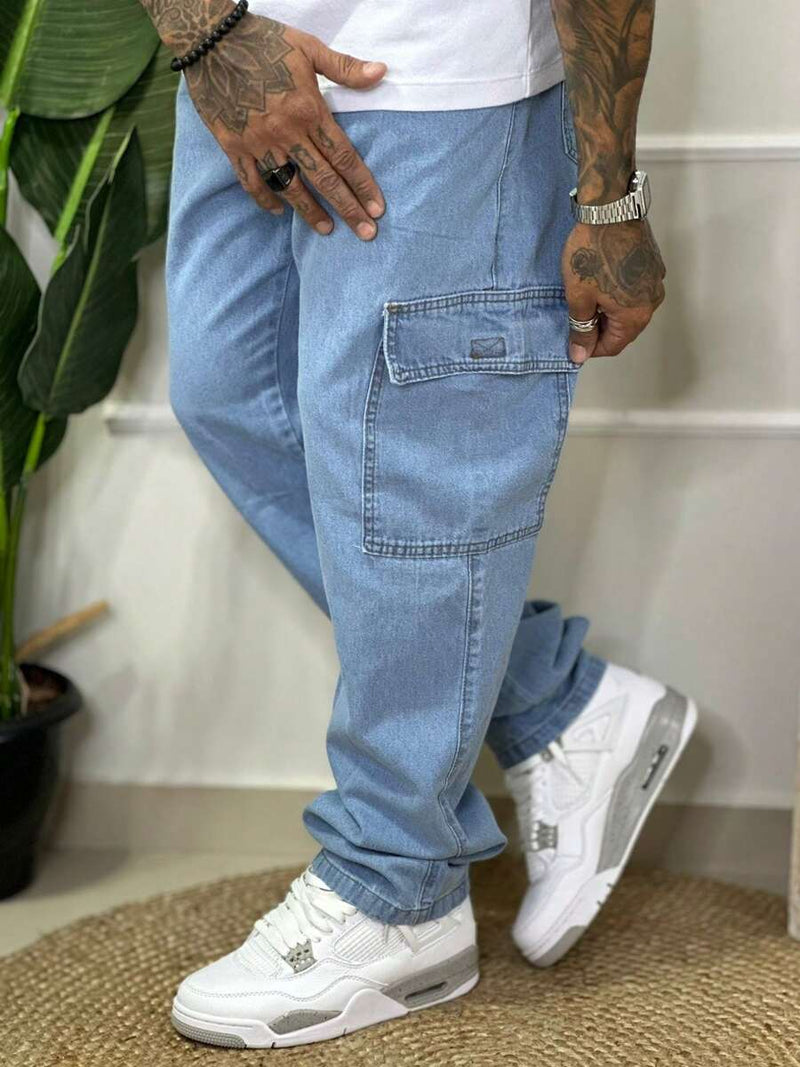 Calça Masculina Cargo Denim Escura Cos Elástico Cordão Skatista Militar Trilha