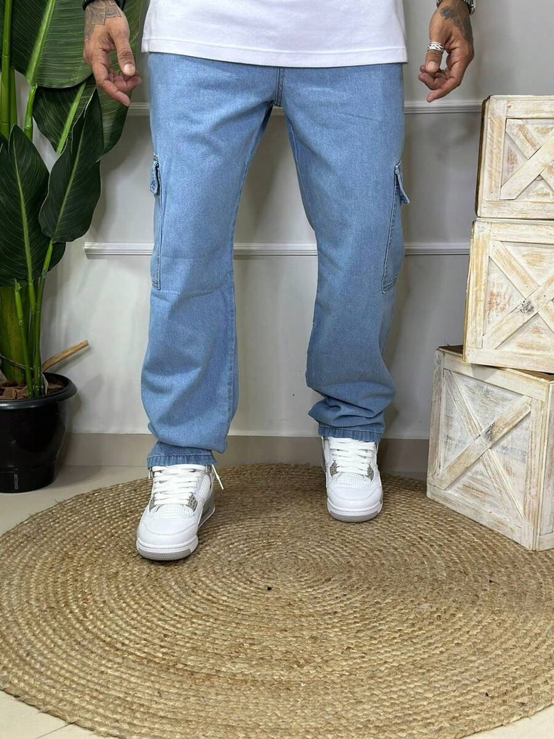 Calça Masculina Cargo Denim Escura Cos Elástico Cordão Skatista Militar Trilha
