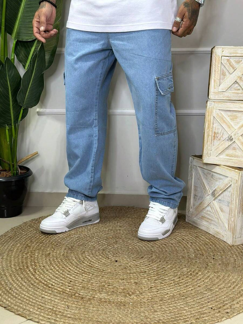 Calça Masculina Cargo Denim Escura Cos Elástico Cordão Skatista Militar Trilha