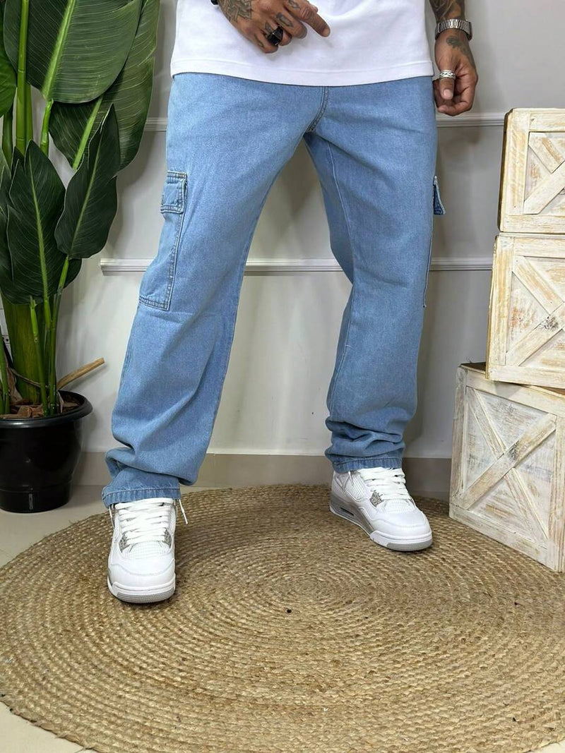 Calça Masculina Cargo Denim Escura Cos Elástico Cordão Skatista Militar Trilha