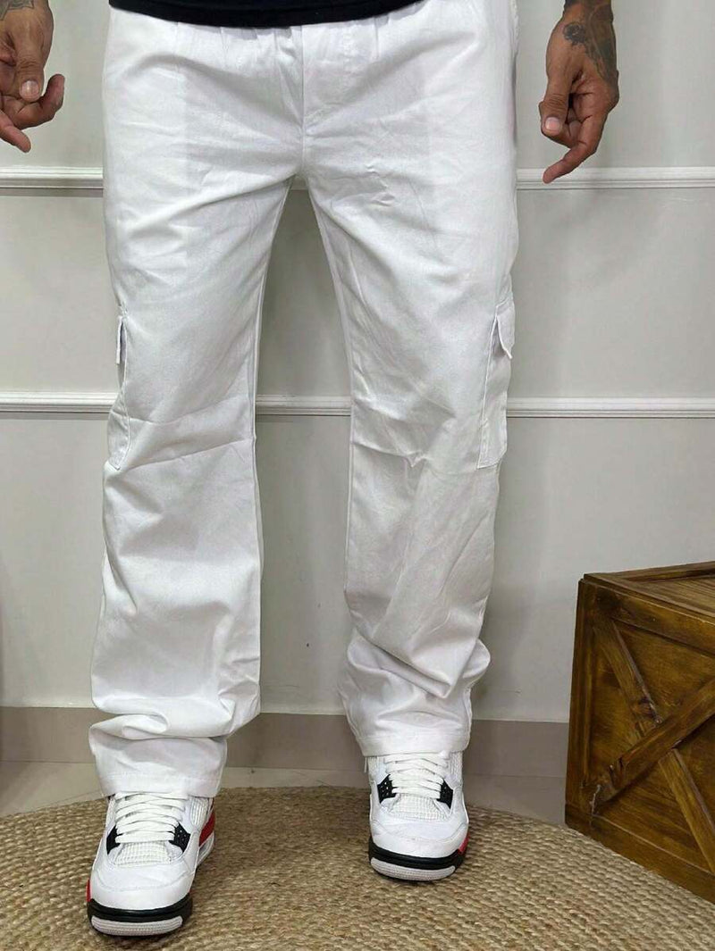 Calça Masculina Cargo Denim Escura Cos Elástico Cordão Skatista Militar Trilha