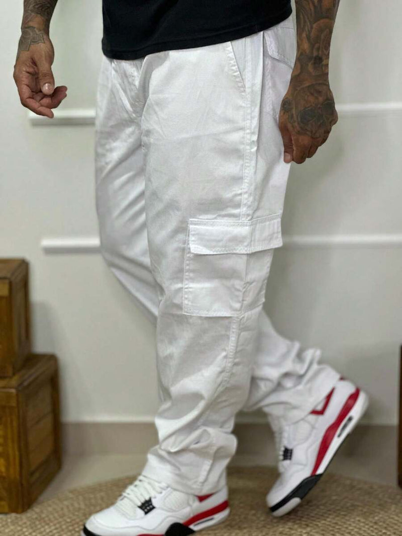 Calça Masculina Cargo Denim Escura Cos Elástico Cordão Skatista Militar Trilha