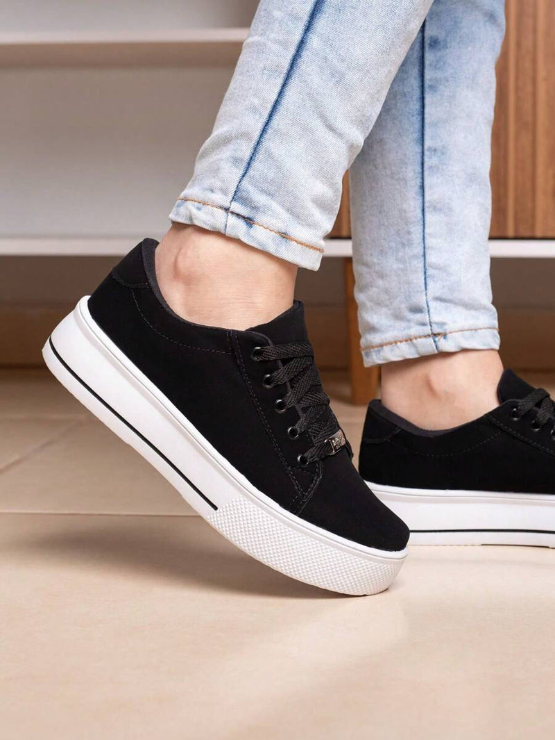 Tênis Casual Feminino Branco Preto Nobuck Confortável Sintético Plataforma Feet Lover Shoes