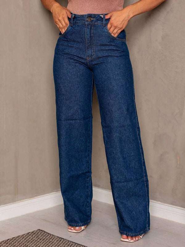 WIDE LEG Jeans Escura Cntura Alta Pantalona cintura alta 100% algodão