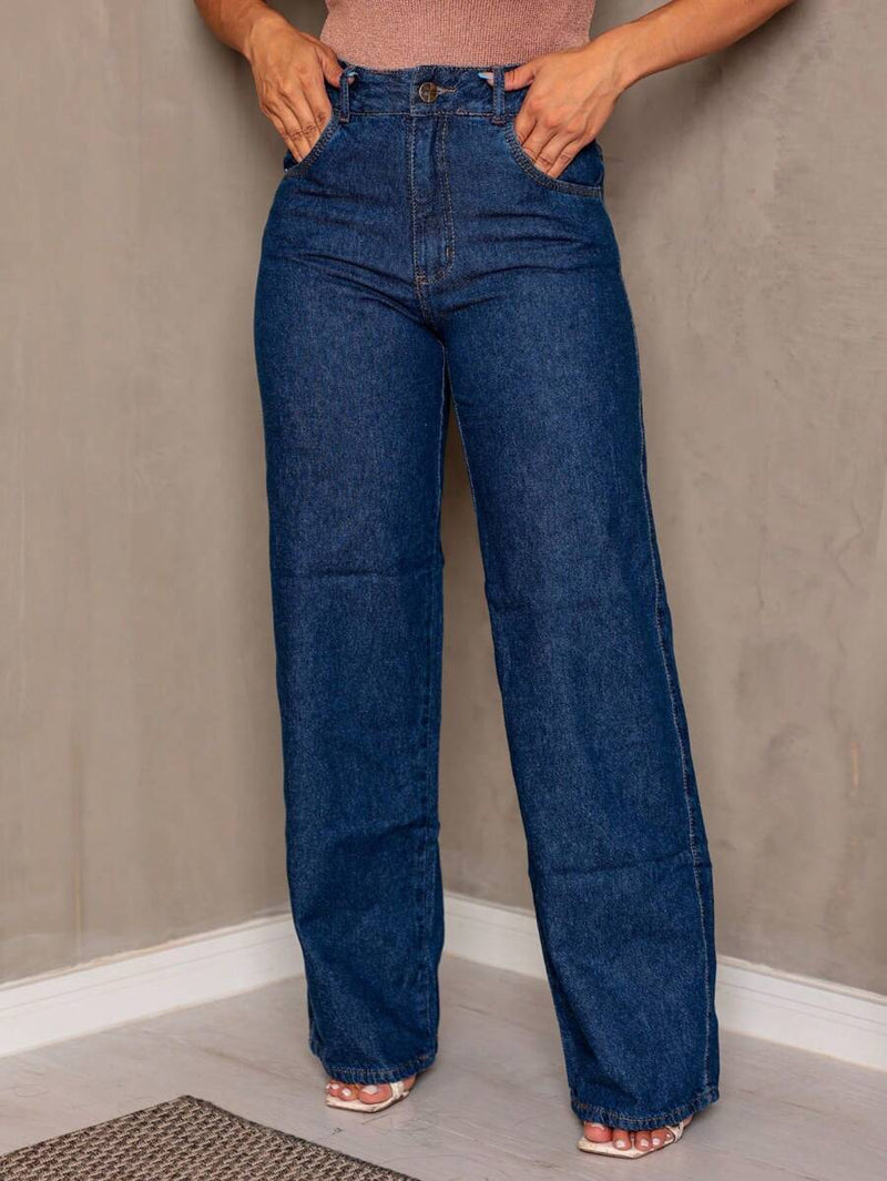 WIDE LEG Jeans Escura Cntura Alta Pantalona cintura alta 100% algodão