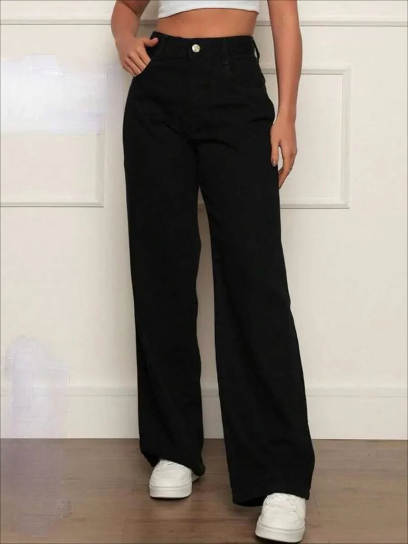 Calça Wide Leg Pantalona Jeans Feminina Cintura Alta Levanta Bumbum