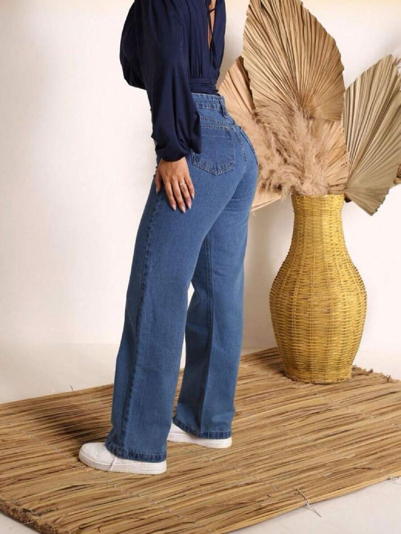 Calça Wide Leg Pantalona Jeans Feminina Cintura Alta Levanta Bumbum