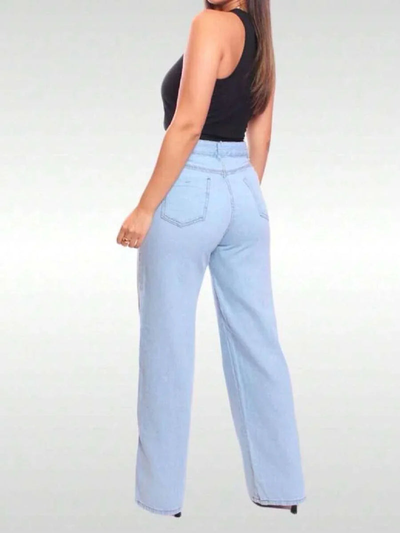 Calça Wide Leg Pantalona Jeans Feminina Cintura Alta Levanta Bumbum