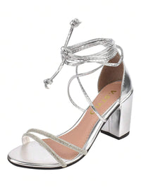 Sandália Feminina Salto Bloco Alto Tira Strass Amarraçao Laguna