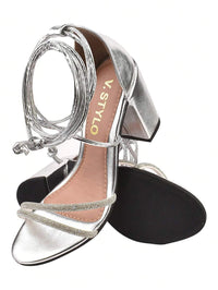 Sandália Feminina Salto Bloco Alto Tira Strass Amarraçao Laguna