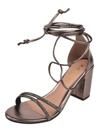 Sandália Feminina Salto Bloco Alto Tira Strass Amarraçao Laguna