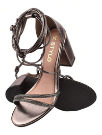 Sandália Feminina Salto Bloco Alto Tira Strass Amarraçao Laguna