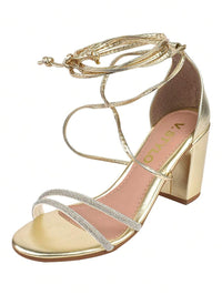 Sandália Feminina Salto Bloco Alto Tira Strass Amarraçao Laguna