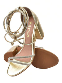 Sandália Feminina Salto Bloco Alto Tira Strass Amarraçao Laguna