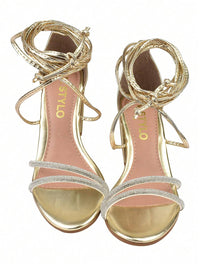 Sandália Feminina Salto Bloco Alto Tira Strass Amarraçao Laguna