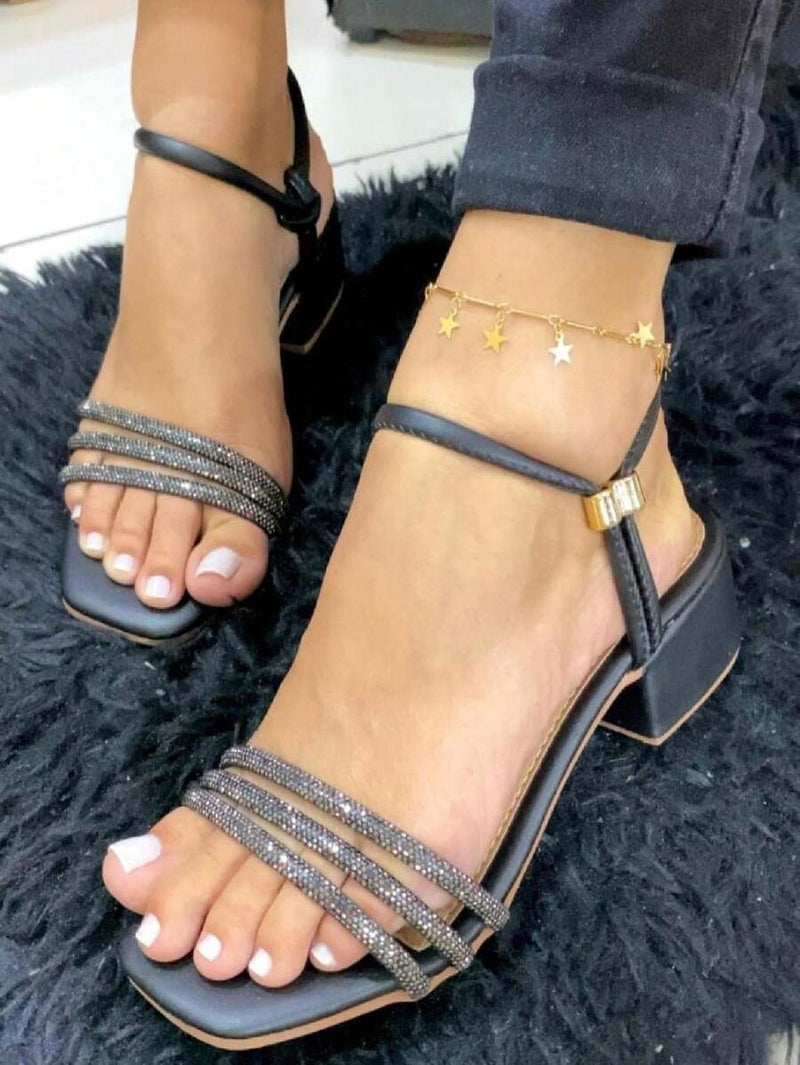 Sandalia Salto Grosso Tira Strass Lançamento Confortável sapatos feminina elegante