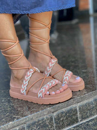 Birken Flat Papate Rasteira Flat Feminina Modelo Luxo Trança Trançadas de Amarrar