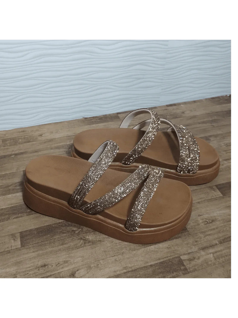Papete Birken Plataforma Alta Sandália Feminina 3 Tiras Z 15 - Tamanco Anabela Flatform Strass Brilho - Branca Rose Caramelo Preta Pedraira Lançamento