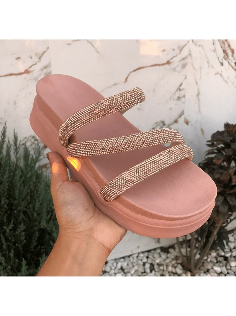 Papete Birken Plataforma Alta Sandália Feminina 3 Tiras Z 15 - Tamanco Anabela Flatform Strass Brilho - Branca Rose Caramelo Preta Pedraira Lançamento