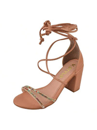 Sandália Feminina Salto Bloco Alto Tira Strass Amarraçao Laguna