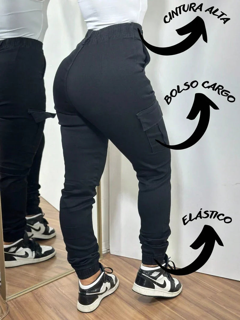 Stillger Moda Jeans Calça Cargo Jeans Feminina Jogger Cintura Alta Com elastano e Bolsos Laterais