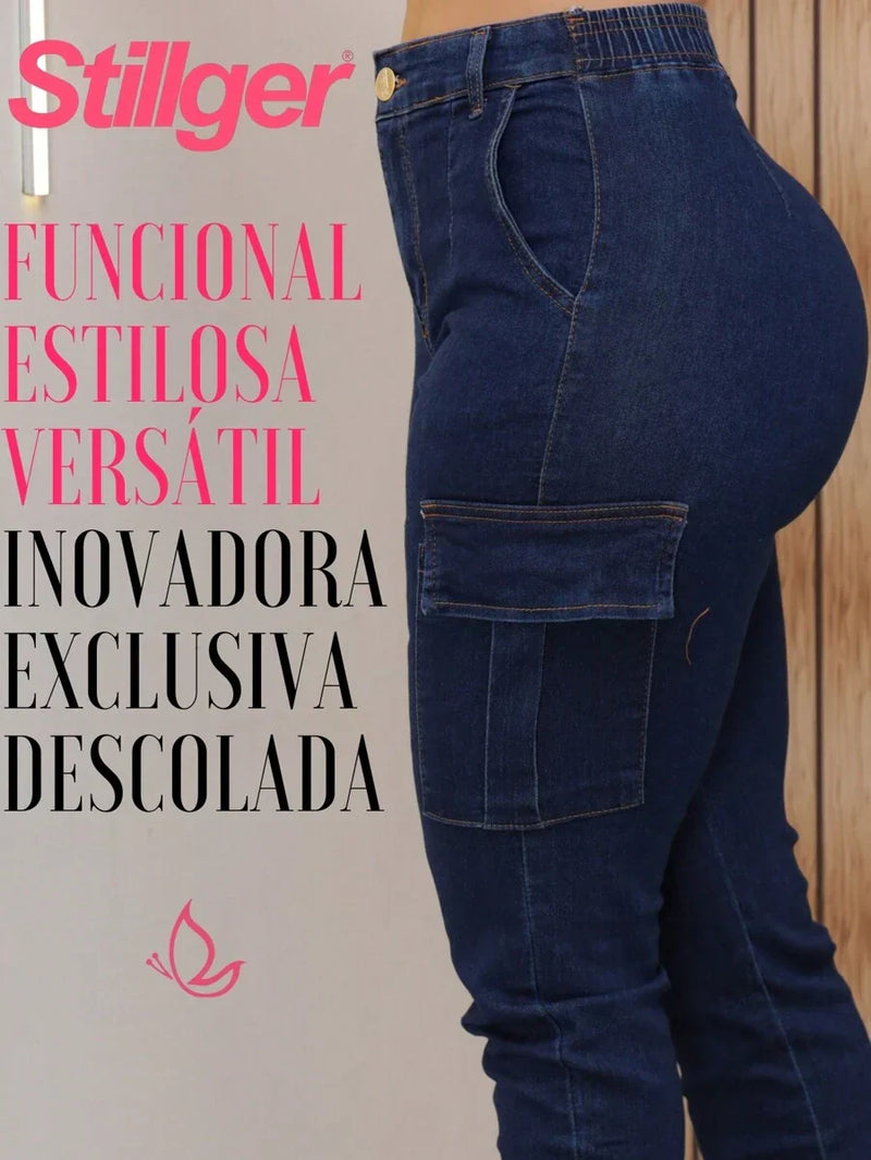 Stillger Moda Jeans Calça Cargo Jeans Feminina Jogger Cintura Alta Com elastano e Bolsos Laterais