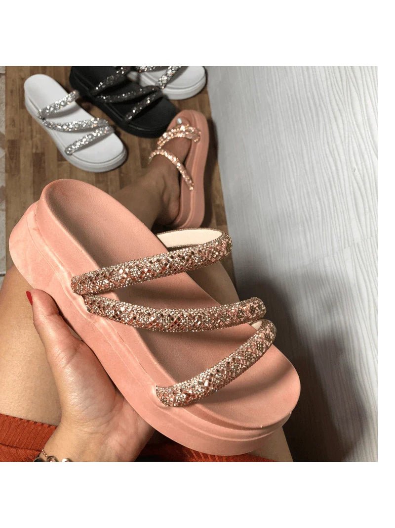 Papete Birken Plataforma Alta Sandália Feminina 3 Tiras Z 15 - Tamanco Anabela Flatform Strass Brilho - Branca Rose Caramelo Preta Pedraira Lançamento