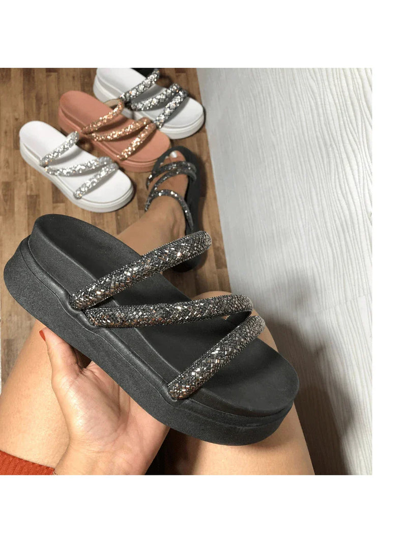 Papete Birken Plataforma Alta Sandália Feminina 3 Tiras Z 15 - Tamanco Anabela Flatform Strass Brilho - Branca Rose Caramelo Preta Pedraira Lançamento