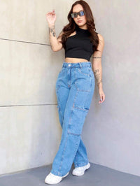 Calça Cargo Jeans Feminina com Bolso Lateral Aberto