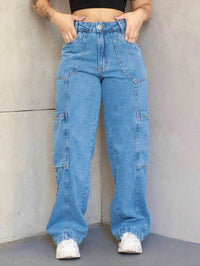 Calça Cargo Jeans Feminina com Bolso Lateral Aberto