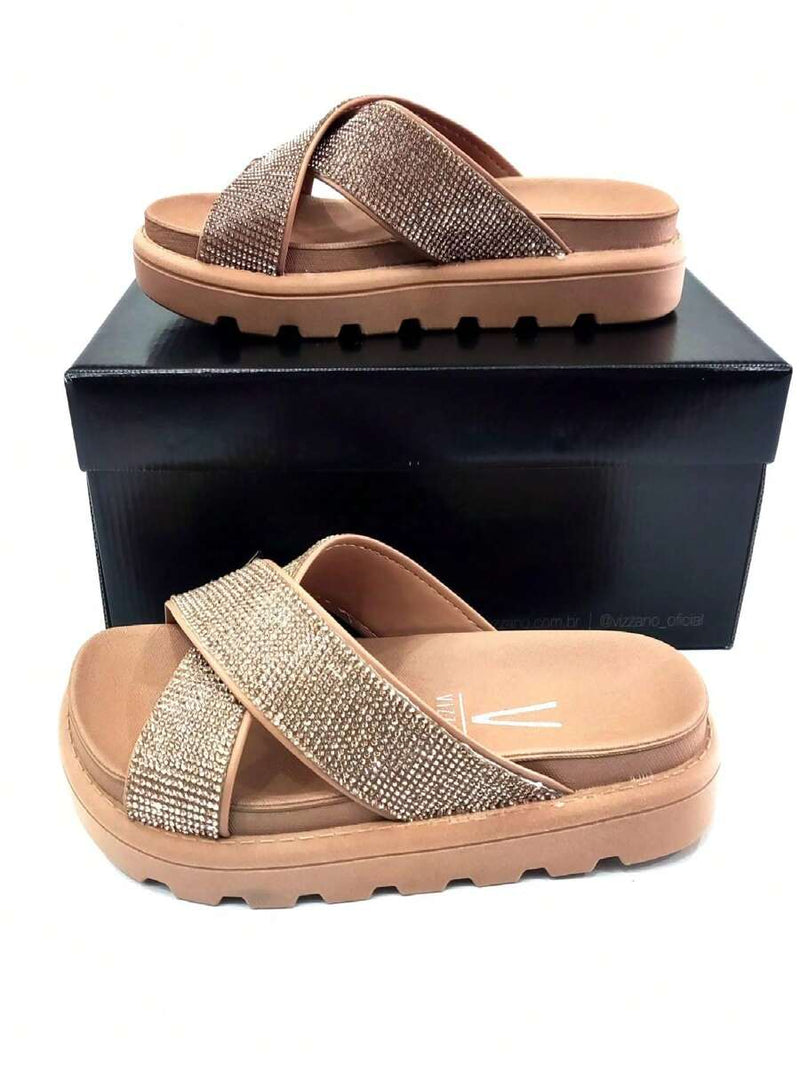 Papete Vizzano Sandália rasteira Nude Strass Cristal - Lançamento 6459.122