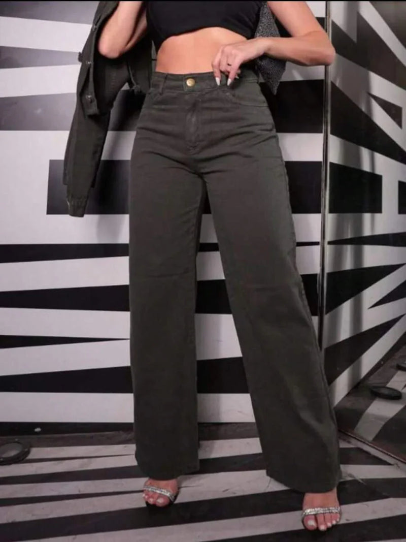 Calça Wide Leg Pantalona Jeans Feminina Cintura Alta Levanta Bumbum