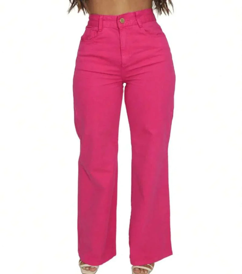 Calça Wide Leg Pantalona Jeans Feminina Cintura Alta Levanta Bumbum
