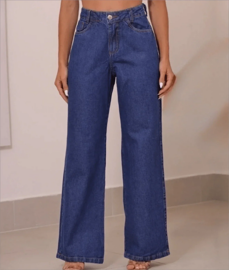 Calça Wide Leg Pantalona Jeans Feminina Cintura Alta Levanta Bumbum