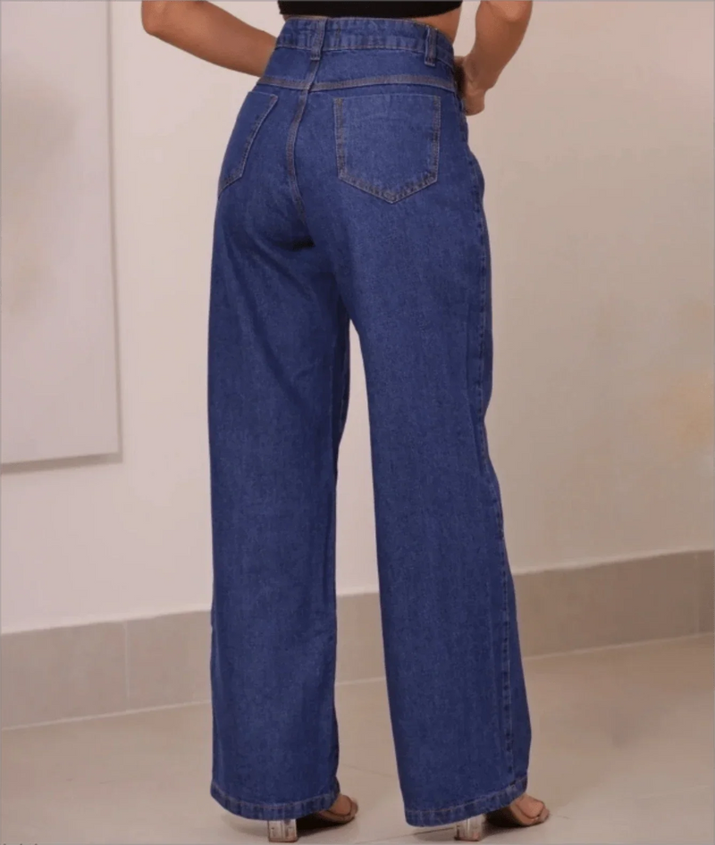 Calça Wide Leg Pantalona Jeans Feminina Cintura Alta Levanta Bumbum