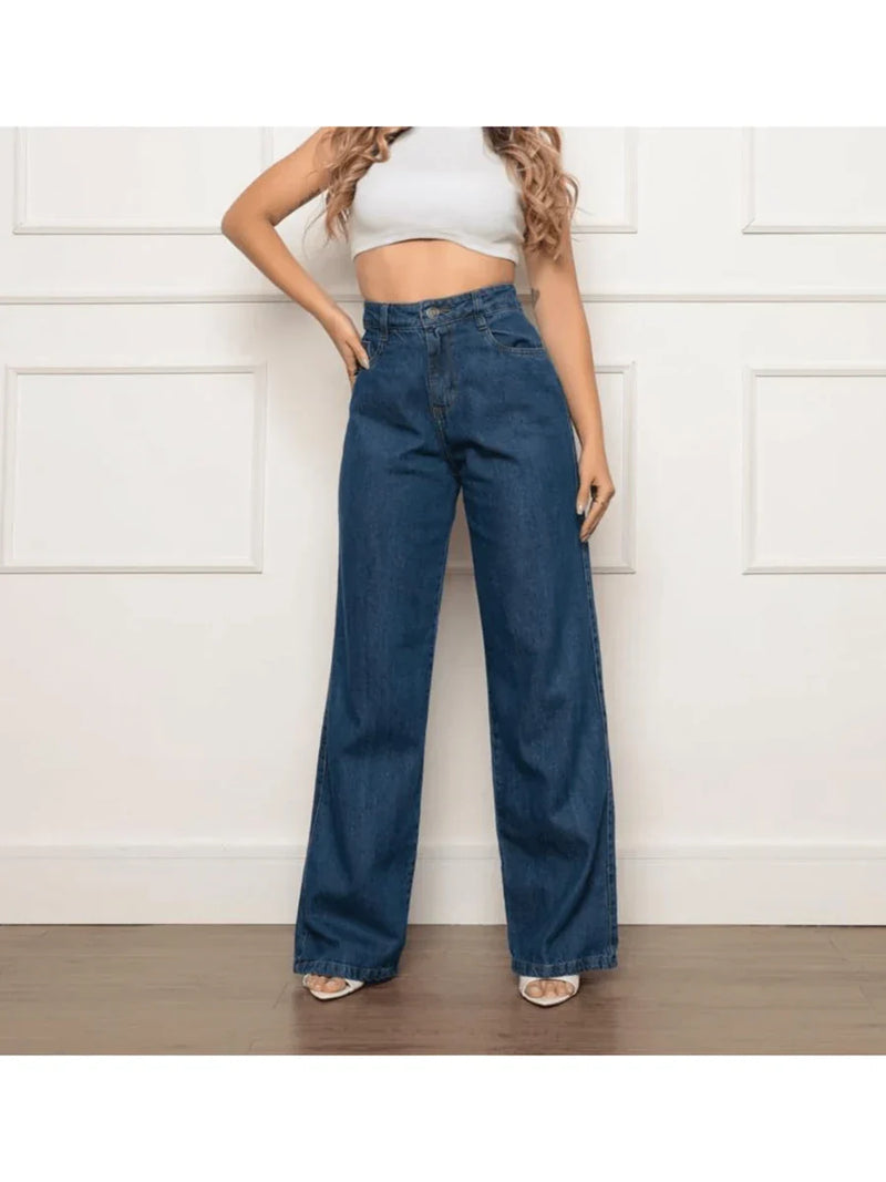 Calça Wide Leg Pantalona Jeans Feminina Cintura Alta Levanta Bumbum